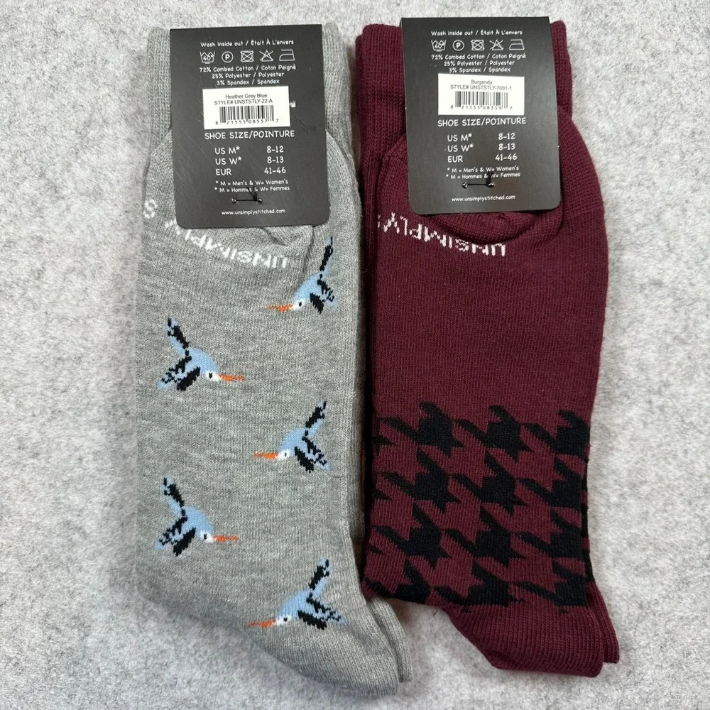 UNSIMPLY STITCHED Novelty Socks 2-Pairs Grey Blue Bird‎ & Burgundy Houndstooth